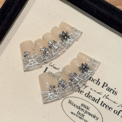 Handcrafted duck press-on nails with crystal embellishments and lace patterns. 2-week wear, damage-free removal.