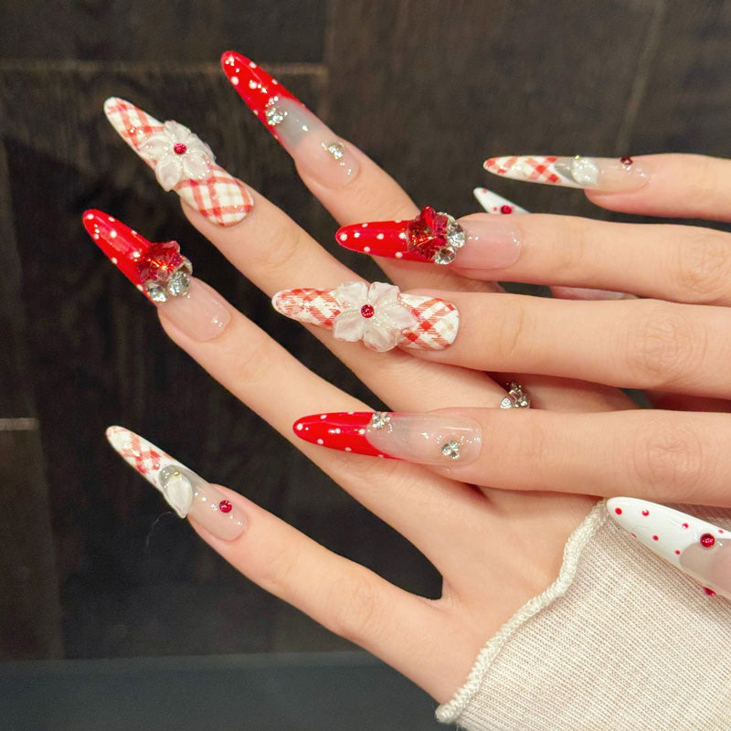 Handcrafted gradient pink oval nails featuring charming 3D bunny characters, pearl bows & sparkling rhinestones for playful elegance