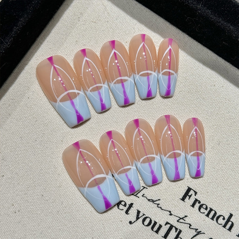 Handcrafted stiletto nails with French gradient technique, purple-blue ombre and crystal stars. Perfect for weddings and formal events