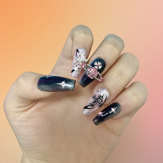 Handmade Black Pink Star Butterfly Coffin Medium Nails - Edgy Glamorous Design with Glitter Effects and Celestial Decorations
