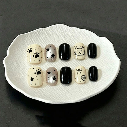 Handmade Cat Star Press-On Nails | Black Beige Cute Nail Set