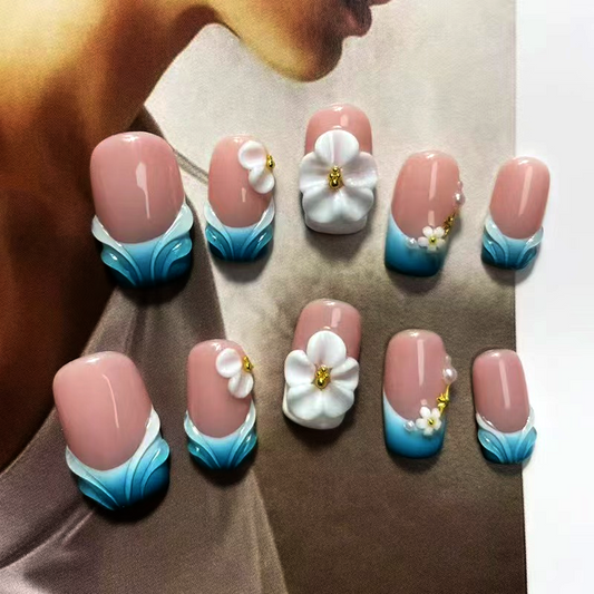 Handmade Pink Blue Floral 3D Ballerina Short Nails - Elegant Gradient Design with White Flower Embellishments and Gold Accents