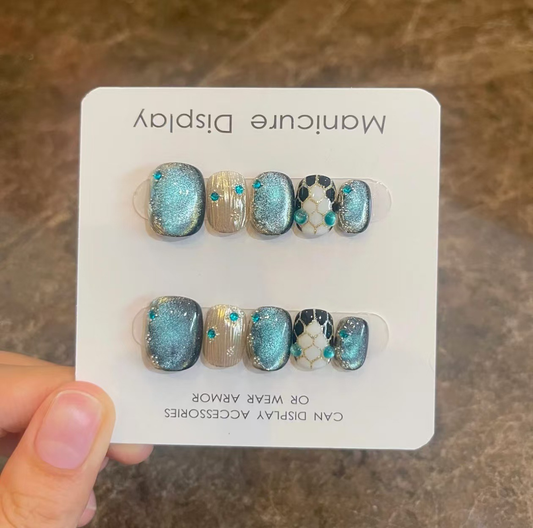 Handmade Teal Glitter Gold Rhinestone Squoval Short Nails - Ocean Inspired Luxury Design with Premium Crystal Embellishments
