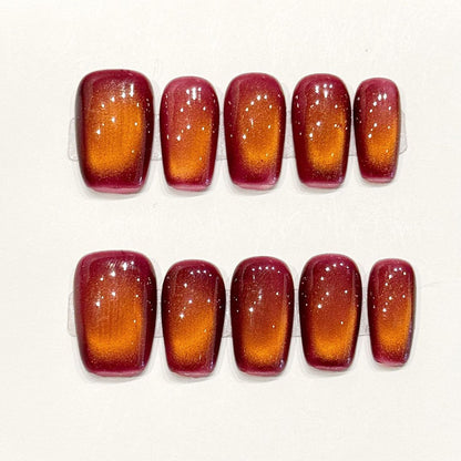 Handmade coffin nails with burgundy-orange ombre & gold glitter - Salon-quality, reusable - Applies in just 15 minutes