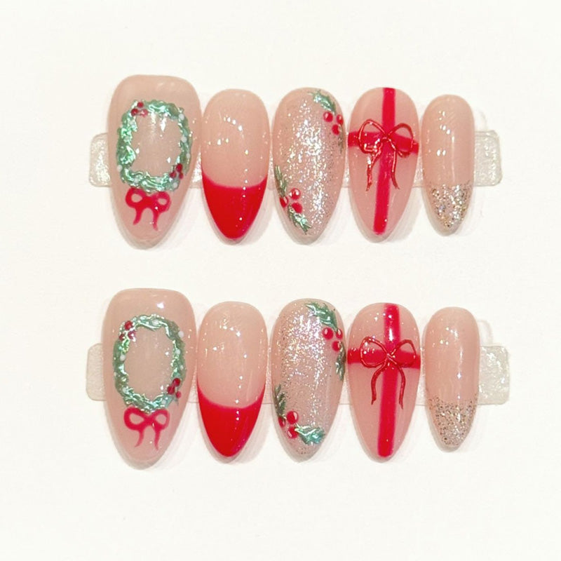 Holiday almond press-ons with 3D evergreen wreaths, dimensional red bows & champagne glitter - handcrafted Christmas nail art