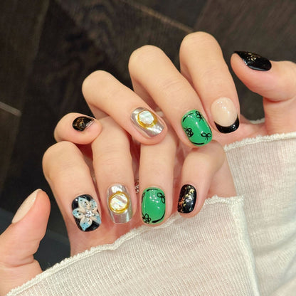 Irish-inspired squoval false nails featuring lucky symbols, vibrant kelly green, chrome finish & starry glitter - 10-piece short set