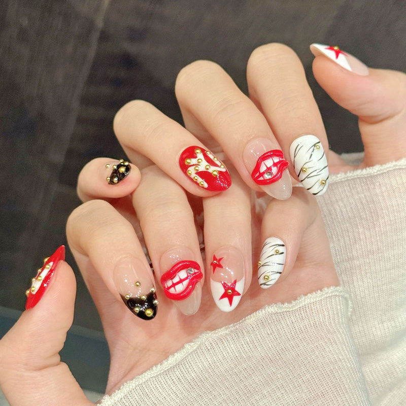 KAPOWNAILS almond nails featuring bold design - glossy red lips, sparkling stars, zebra stripes, gold bead chains, handcrafted quality, 10-piece set