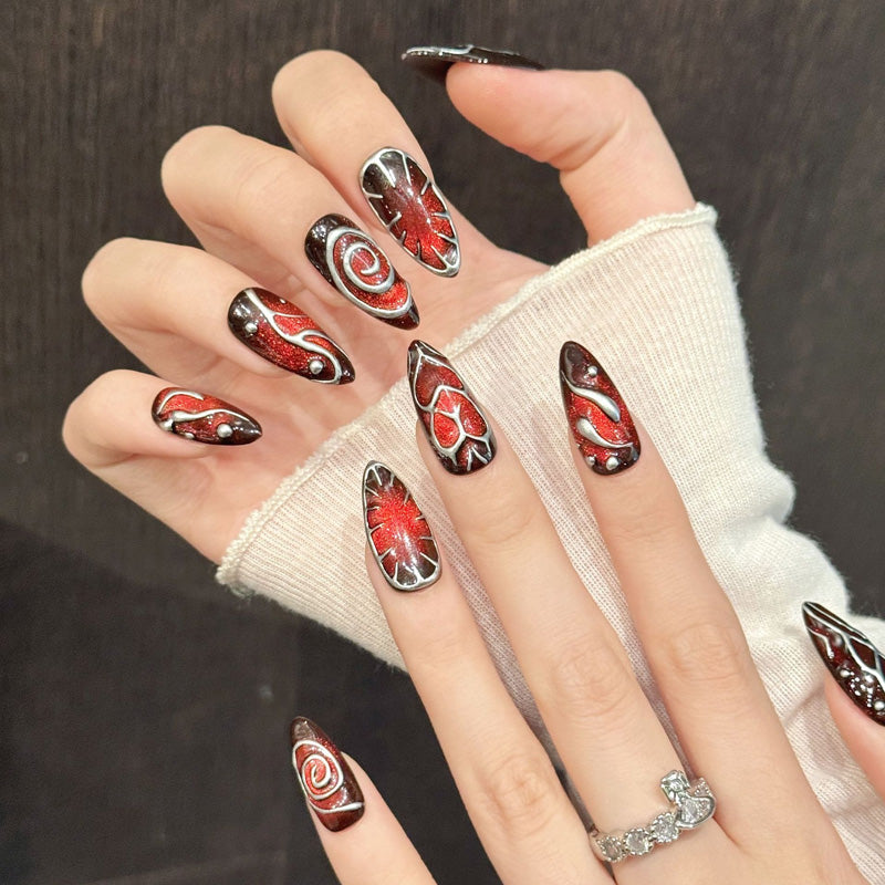 KAPOWNAILS almond nails featuring bold design - vibrant red hearts, fierce flames, elegant silver outlines, crystal accents, handcrafted quality, 10-piece set"