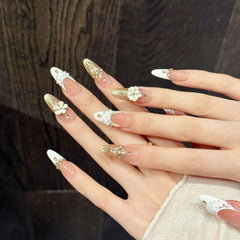 Almond Nails - White Flower Pearl Gold Glitter French Charm