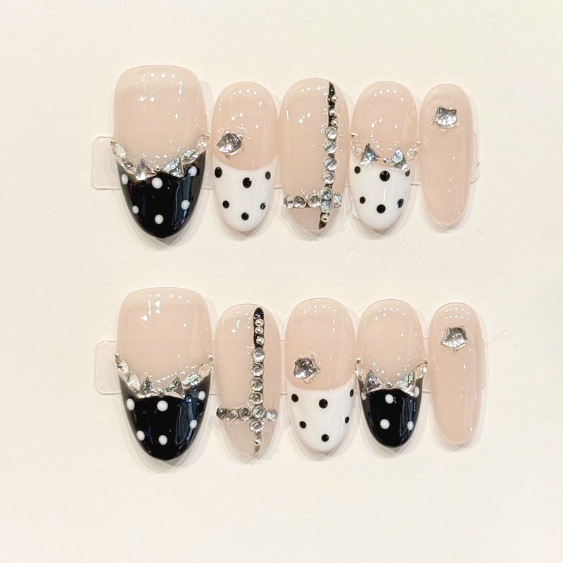 KAPOWNAILS almond nails featuring modern design - playful polka dots, sparkling crown, rhinestone frames, black-white contrast, handcrafted quality, 10-piece set