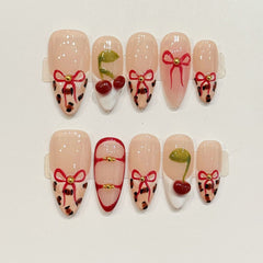 Almond Nails Cherry Bow Leopard Gold Bead Sweet Charm