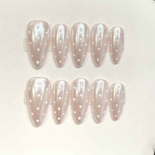 KAPOWNAILS almond nails featuring refined design - luxurious pearl shimmer, playful polka dots, crystal accents, gradient ombre, handcrafted quality, 10-piece set