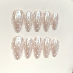 Almond Nails - Pearl Shimmer Polka Dot Elegant Charm