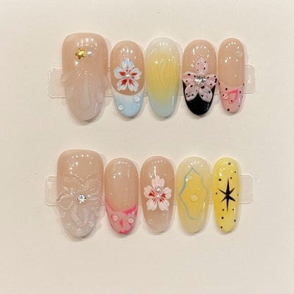 KAPOWNAILS almond nails featuring spring design - delicate flowers, pink butterfly, soft gradients, gold stars, cherry, handcrafted quality, 10-piece set