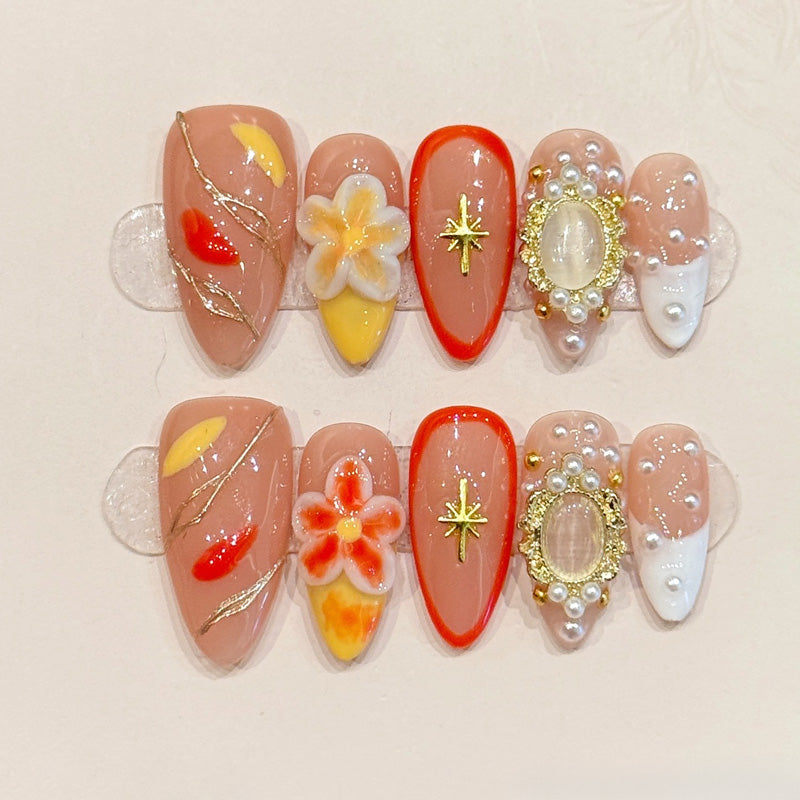 KAPOWNAILS almond nails featuring tropical design - delicate plumeria flower, gold star, pearl border, vibrant gradient, handcrafted quality, 10-piece set