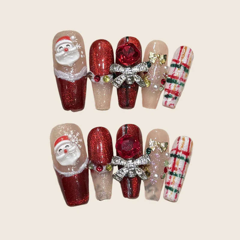 Coffin Long Press On Nails for Jolly Santa Christmas