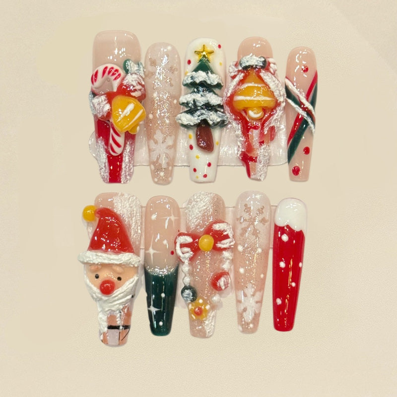 KAPOWNAILS coffin long nails featuring enchanting holiday design - full-body Santa, festive tree, gold ornaments, handcrafted quality, 10-piece set