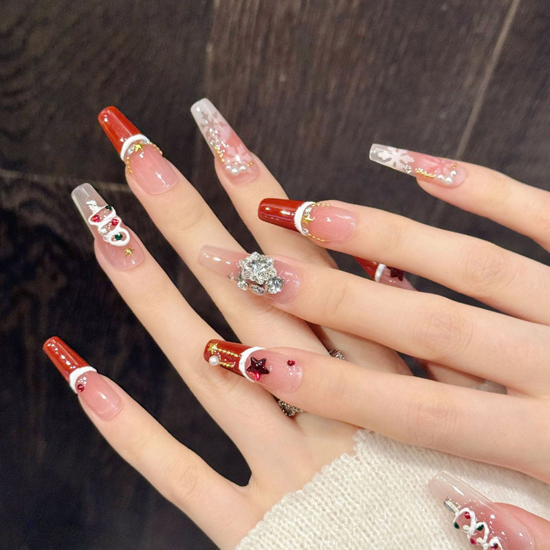 KAPOWNAILS coffin long nails featuring luxurious holiday design - burgundy-pink gradient, colorful ornaments, gold stars, handcrafted quality, 10-piece set