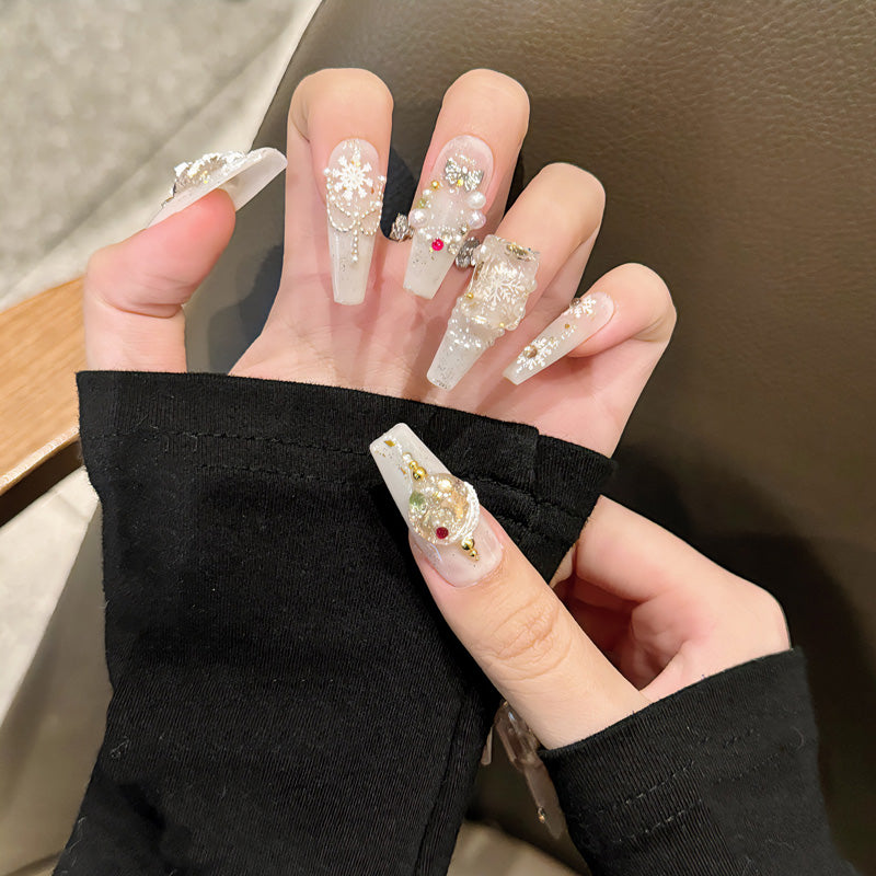 KAPOWNAILS coffin long nails featuring magical winter design - delicate snowflakes, holographic sparkle, rhinestone chains, handcrafted quality, 10-piece set