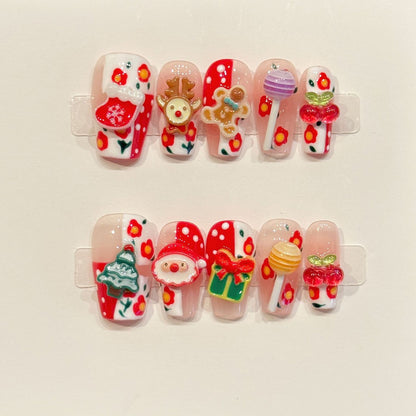 KAPOWNAILS coffin medium nails featuring Christmas design - adorable Santa, cute reindeer, festive tree, gingerbread, handcrafted quality, 10-piece festive set