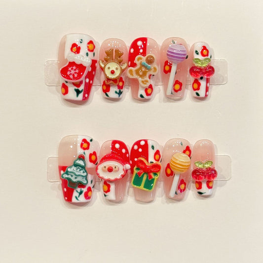 KAPOWNAILS coffin medium nails featuring Christmas design - adorable Santa, cute reindeer, festive tree, gingerbread, handcrafted quality, 10-piece festive set