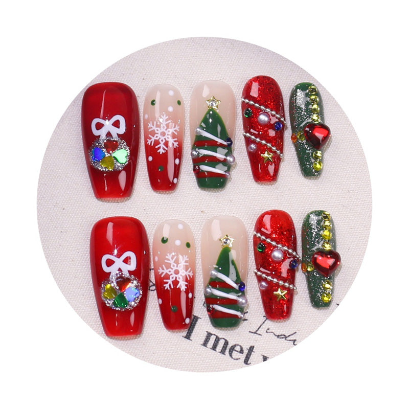 KAPOWNAILS coffin medium nails featuring classic Christmas design - white bows, colorful crystals, snowflakes, trees, handcrafted quality, 10-piece set
