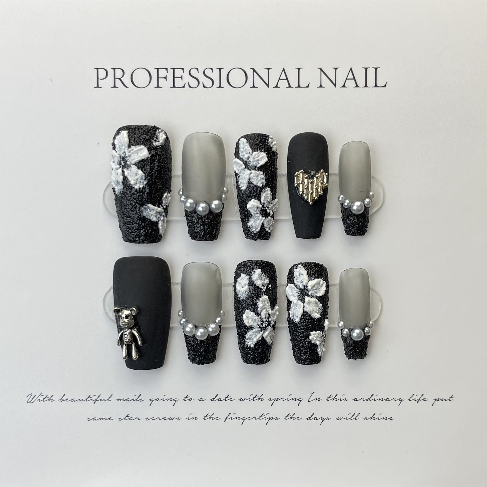 KAPOWNAILS coffin medium nails featuring haute couture 3D floral design - matte black, glitter, pearl accents, handcrafted luxury, 10-piece set