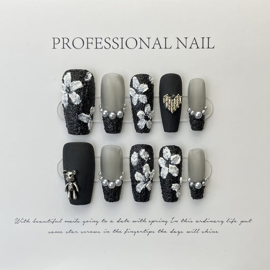 KAPOWNAILS coffin medium nails featuring haute couture 3D floral design - matte black, glitter, pearl accents, handcrafted luxury, 10-piece set