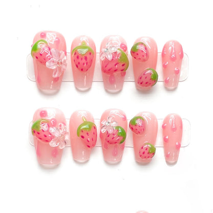 KAPOWNAILS coffin nails featuring kawaii strawberry design - 3D pink strawberries, flower bow, translucent jelly, handcrafted quality, 10-piece sweet set