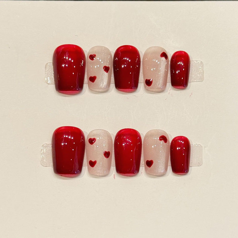 KAPOWNAILS coffin nails featuring romantic design - adorable red hearts, translucent jelly, soft gradient, crystal accents, handcrafted quality, 10-piece set