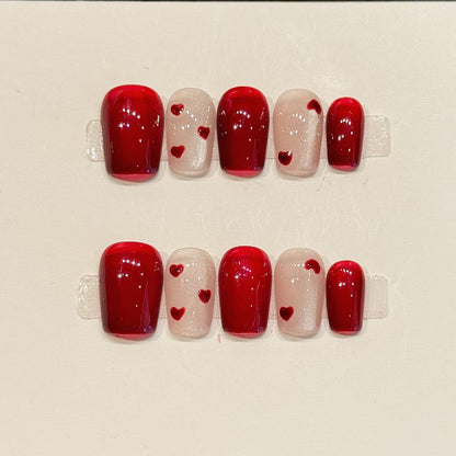 KAPOWNAILS coffin nails featuring romantic design - adorable red hearts, translucent jelly, soft gradient, crystal accents, handcrafted quality, 10-piece set