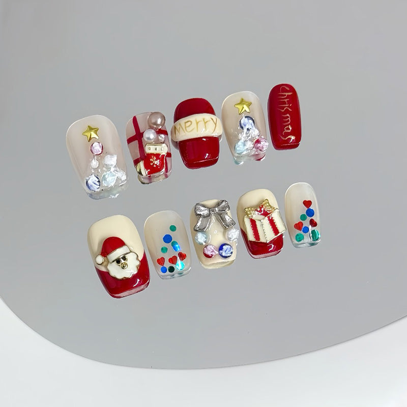 KAPOWNAILS coffin short nails featuring adorable Santa Claus & holiday designs - red & white festive colors, handcrafted quality, 10-piece set