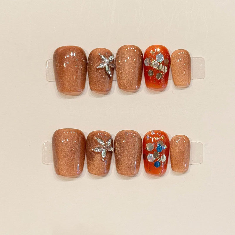 KAPOWNAILS coffin short nails featuring autumn design - delicate silver flower, warm bronze-gold shimmer, orange, crystals, handcrafted quality, 10-piece set
