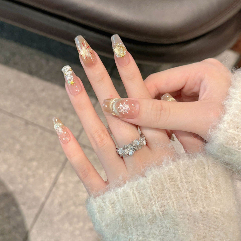 KAPOWNAILS coffin short nails featuring delicate gold floral embellishments - sparkling crystals, rose gold shimmer, handcrafted quality, 10-piece set