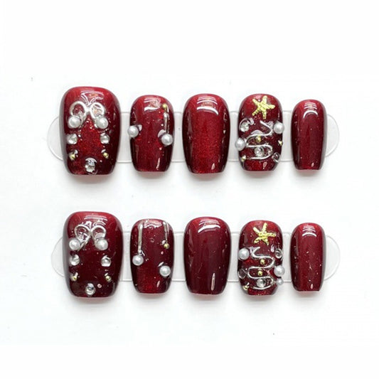 KAPOWNAILS coffin short nails featuring luxurious holiday design - metallic red chrome, white pearls, sparkling crystals, handcrafted quality, 10-piece set