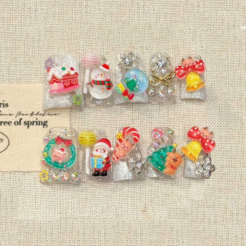 KAPOWNAILS duck nails featuring adorable holiday characters - Santa, snowman, reindeer, gold bells, sparkling glitter, handcrafted quality, 10-piece set