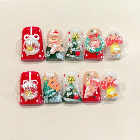 KAPOWNAILS duck nails featuring enchanting Christmas design - Santa snow globe, gingerbread man, festive tree, bear, handcrafted quality, 10-piece set
