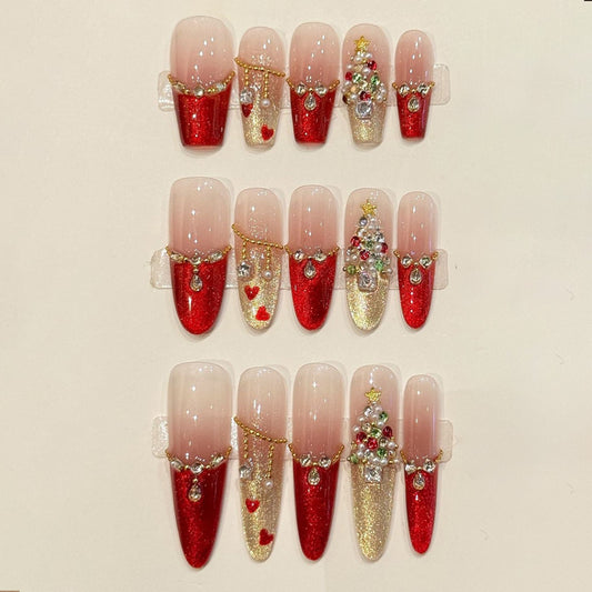 KAPOWNAILS nails featuring stunning holiday design - 3D tree with ornaments, sparkling red & gold, crystal chains, handcrafted quality, 10-piece set