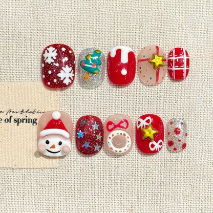 KAPOWNAILS oval nails featuring adorable holiday design - snowman, festive tree, cute reindeer, sparkling glitter, handcrafted quality, 10-piece set