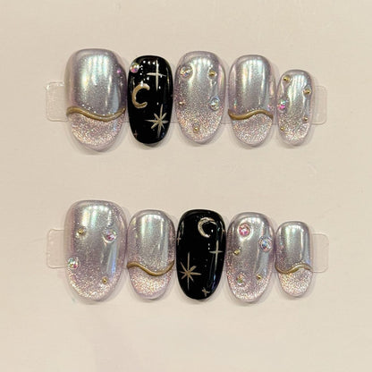 KAPOWNAILS oval nails featuring celestial design - gold crescent moon, iridescent aurora, champagne sparkle, crystal accents, handcrafted quality, 10-piece set