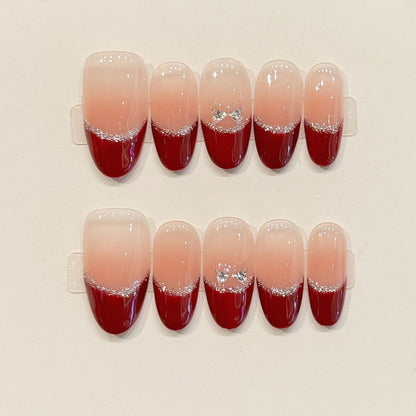 KAPOWNAILS oval nails featuring elegant design - rich burgundy, sparkling silver glitter, soft gradient, crystal accents, handcrafted quality, 10-piece set