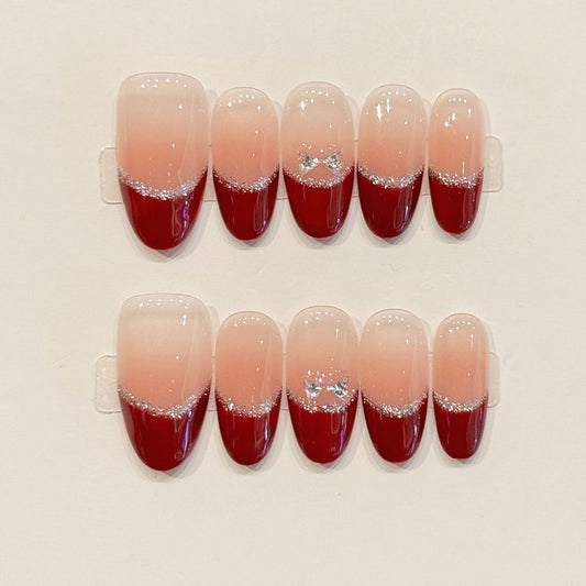 KAPOWNAILS oval nails featuring elegant design - rich burgundy, sparkling silver glitter, soft gradient, crystal accents, handcrafted quality, 10-piece set