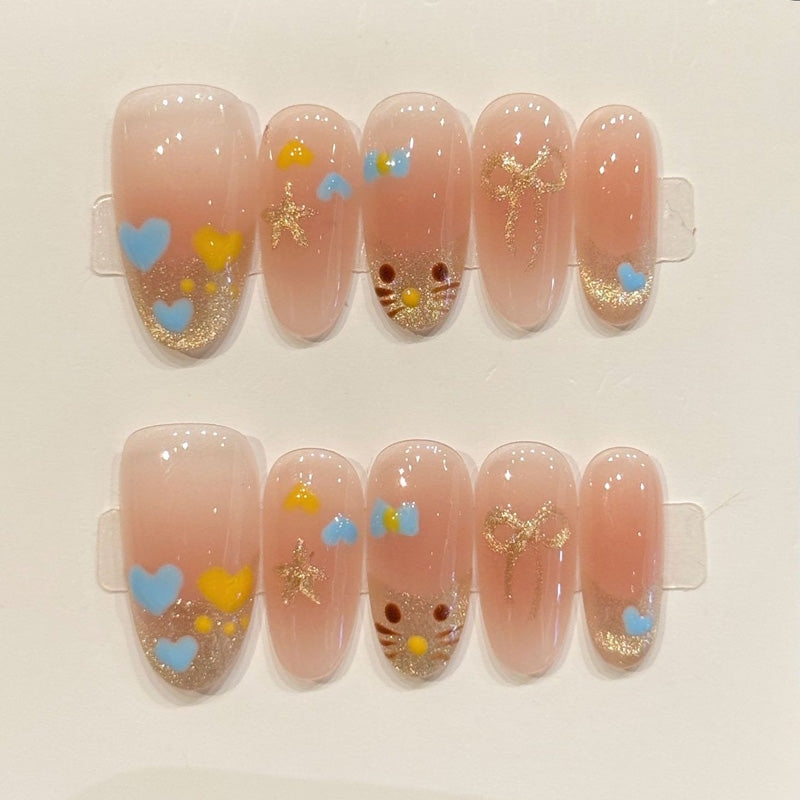 KAPOWNAILS oval nails featuring kawaii design - adorable bear face, playful hearts, champagne gold sparkle, handcrafted quality, 10-piece sweet set