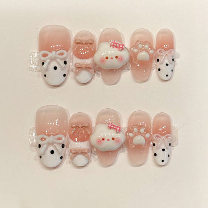 KAPOWNAILS oval nails featuring kawaii design - adorable cow faces, cute bear, pink bows, pearl accents, soft gradient, handcrafted quality, 10-piece set