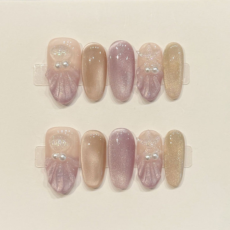 KAPOWNAILS oval nails featuring magical pearl design - iridescent shimmer, delicate lace, holographic sparkle, handcrafted quality, 10-piece dreamy set