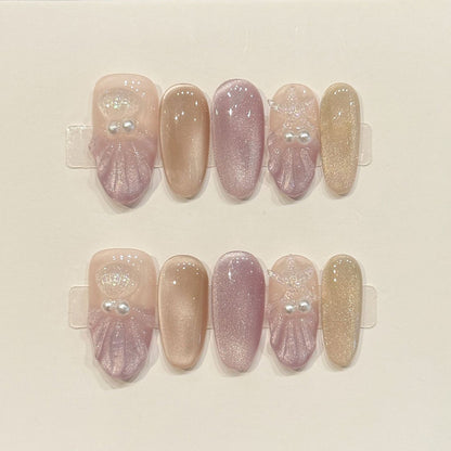 KAPOWNAILS oval nails featuring magical pearl design - iridescent shimmer, delicate lace, holographic sparkle, handcrafted quality, 10-piece dreamy set