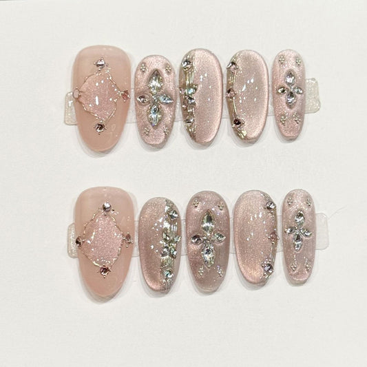KAPOWNAILS oval nails featuring opulent design - sparkling crystal diamonds, metallic silver, rhinestone frames, pink gradient, handcrafted quality, 10-piece set