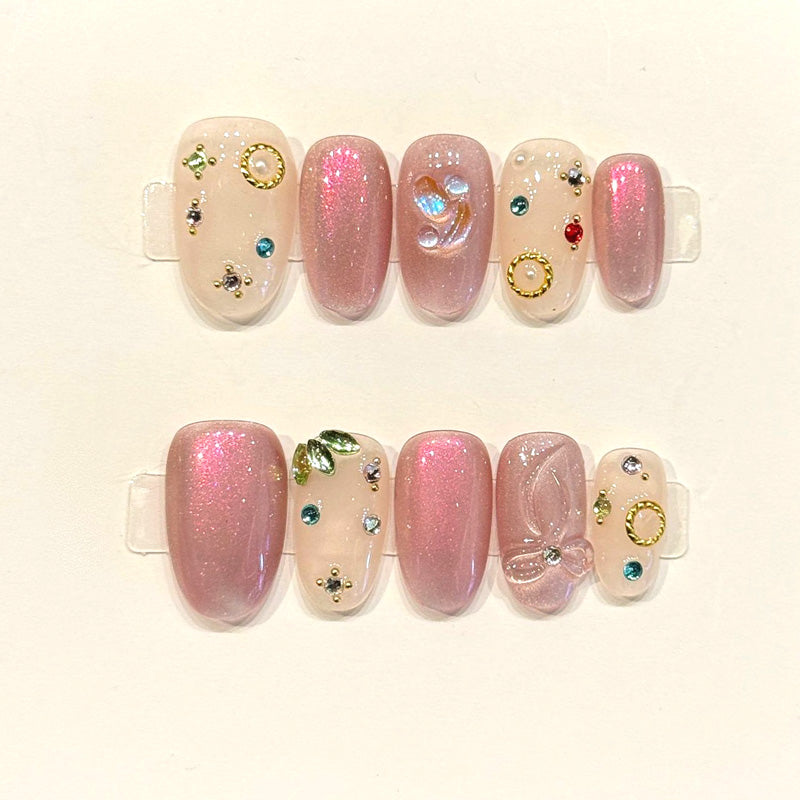 KAPOWNAILS oval nails featuring romantic design - sparkling pink shimmer, silver butterfly, multi-colored crystals, gold frames, handcrafted quality, 10-piece set