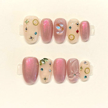 KAPOWNAILS oval nails featuring romantic design - sparkling pink shimmer, silver butterfly, multi-colored crystals, gold frames, handcrafted quality, 10-piece set