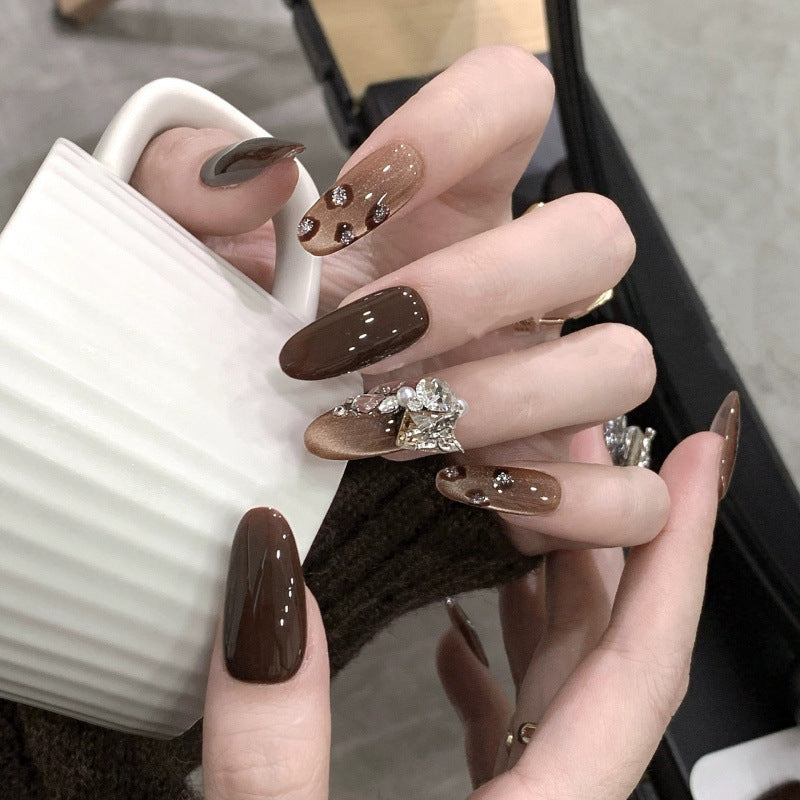 KAPOWNAILS oval short nails featuring rich chocolate tones & sparkling gems - warm brown palette, handcrafted quality, 10-piece indulgent set